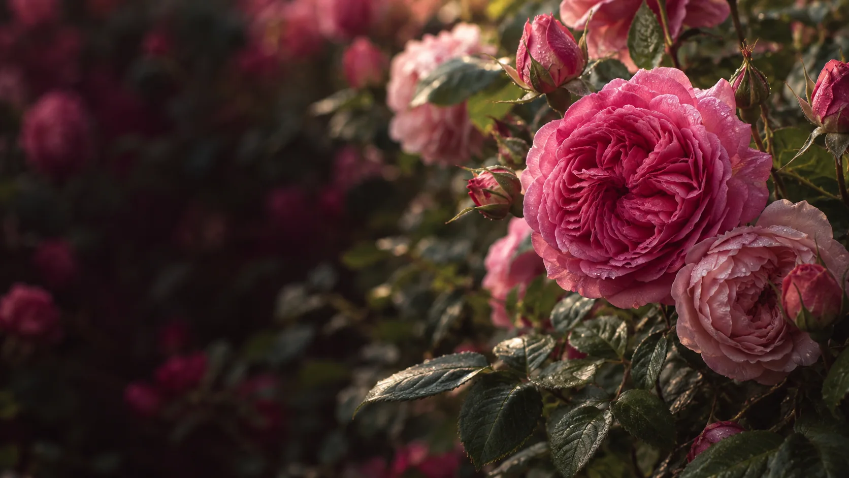 An expressive study of pink roses and deep green foliage