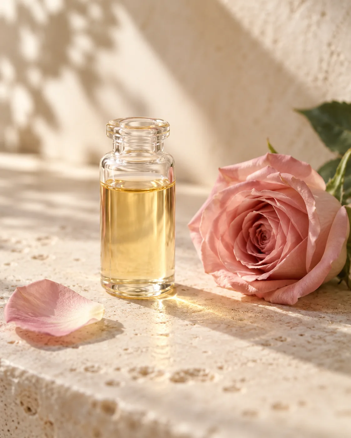 A botanical still life with pale golden oil in clear glass and a pink rose